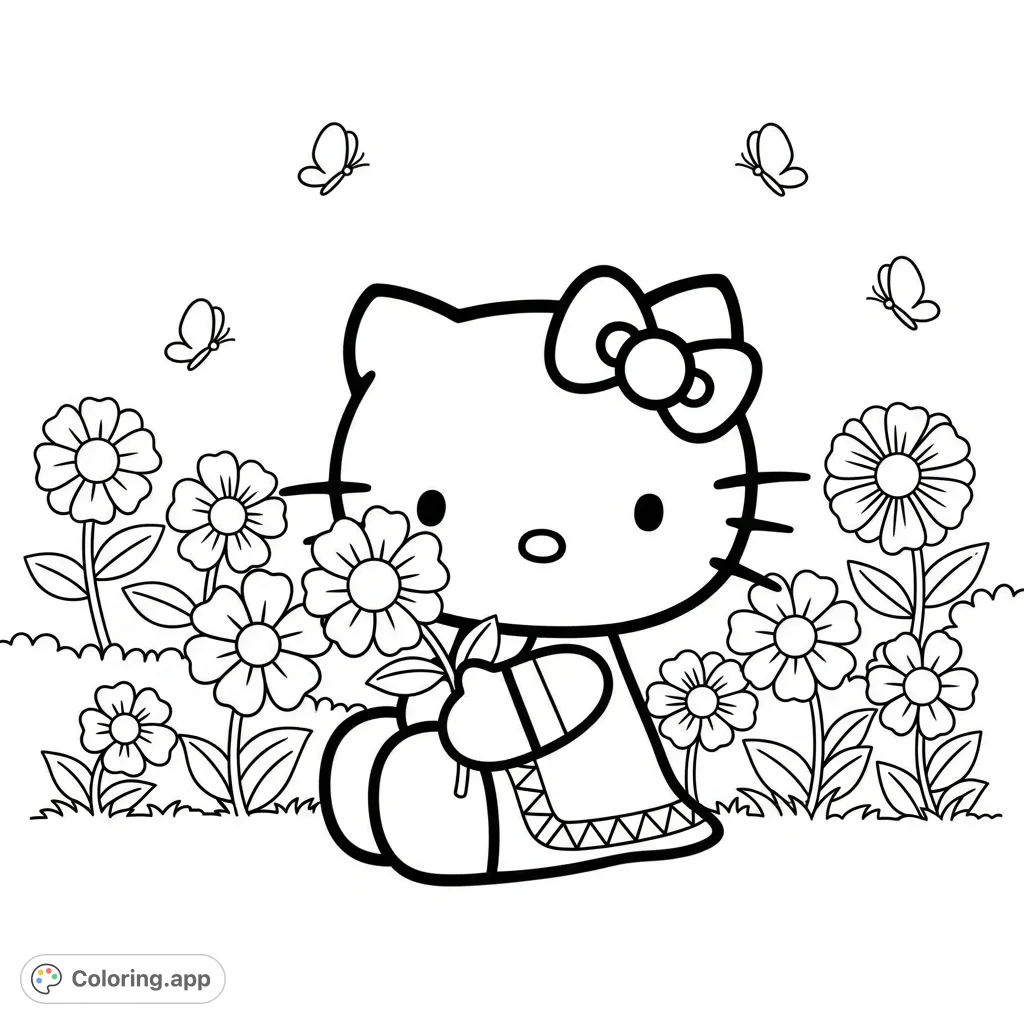 A cheerful Hello Kitty coloring page, perfect for young fans. Features Hello Kitty with her iconic bow, holding a flower amidst a lovely garden scene.