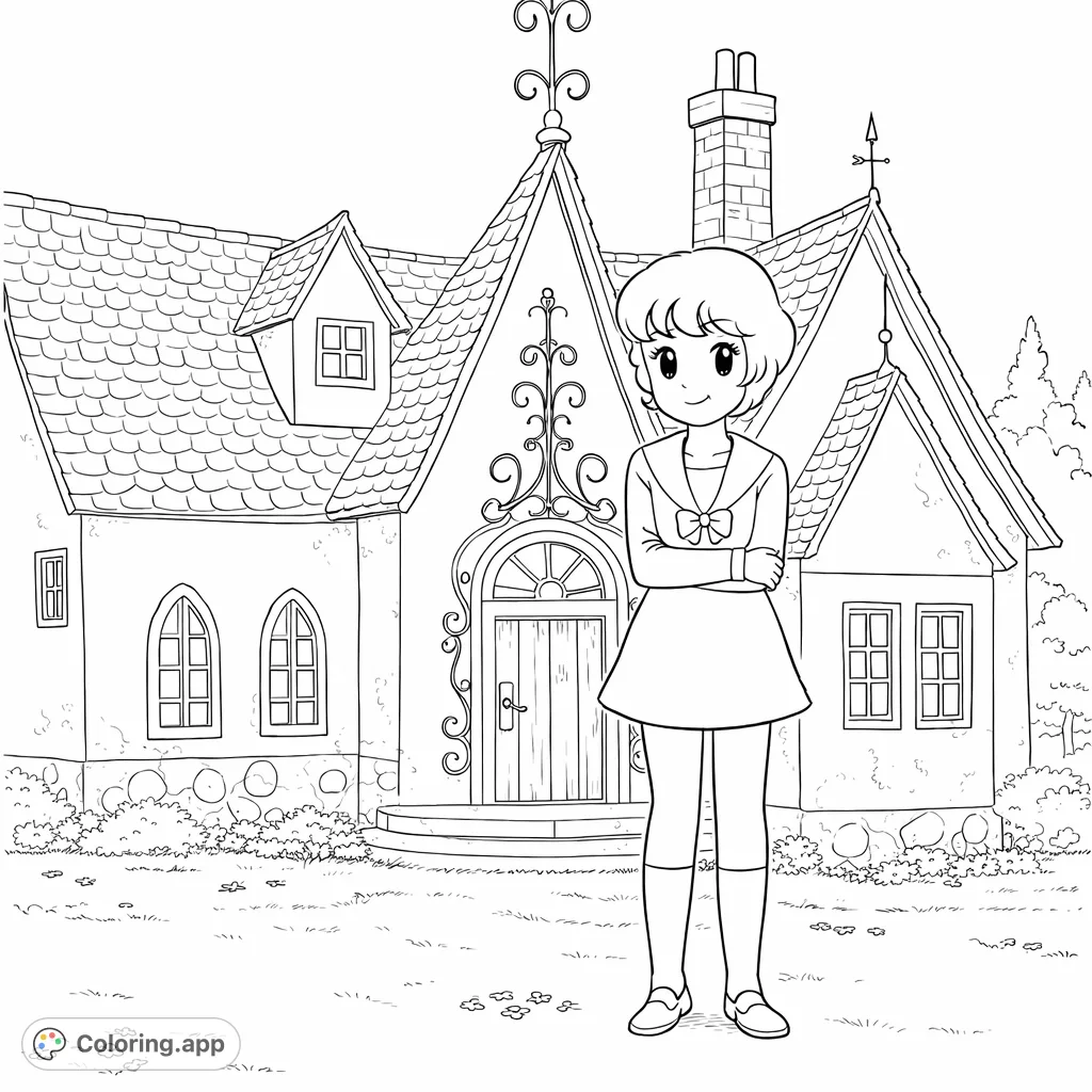 A delightful coloring page featuring a cheerful cartoon girl in front of a whimsical, multi-gabled cottage. Perfect for imaginative coloring adventures!