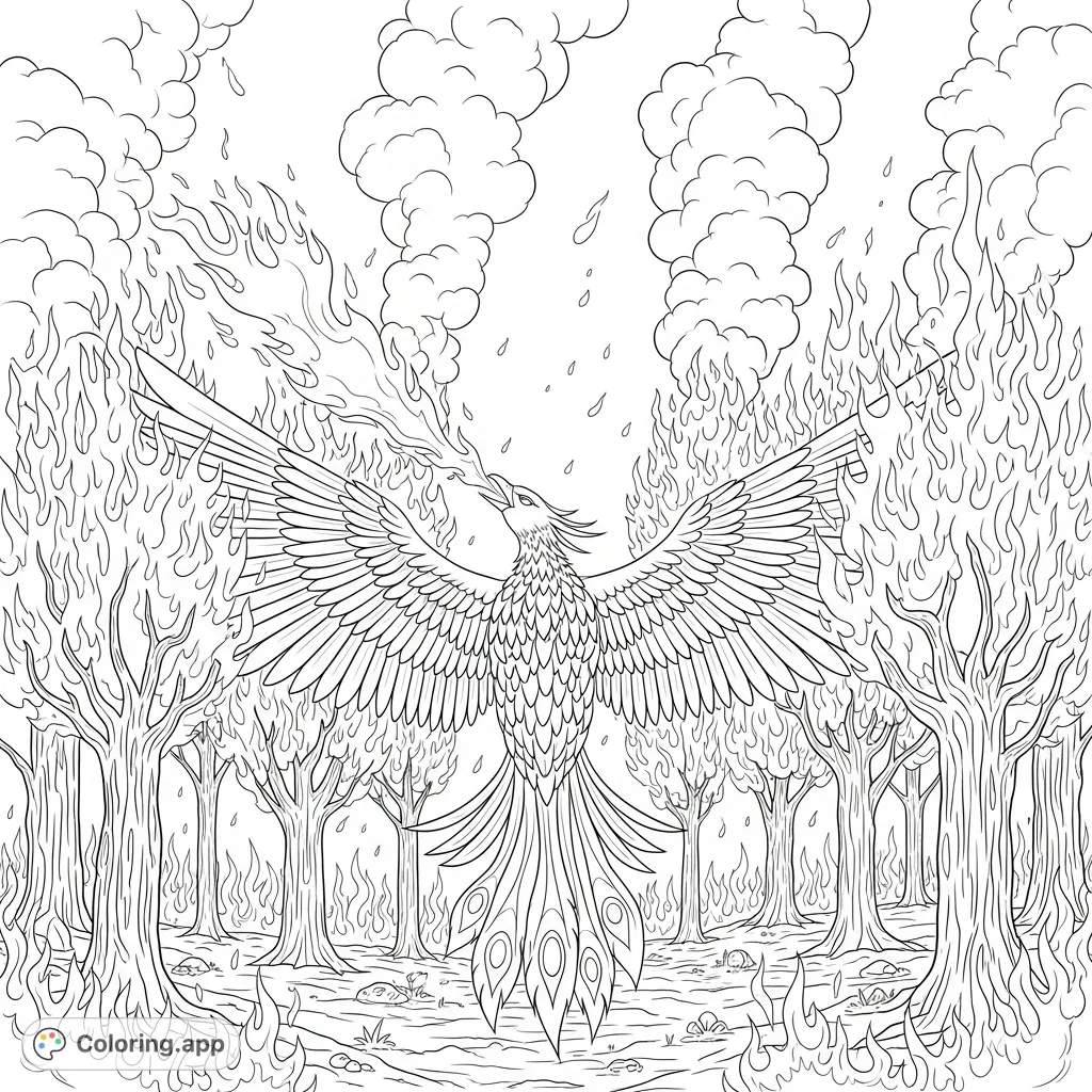 A majestic phoenix breathes fire, soaring through a dense forest consumed by towering flames. A dramatic and powerful scene.
