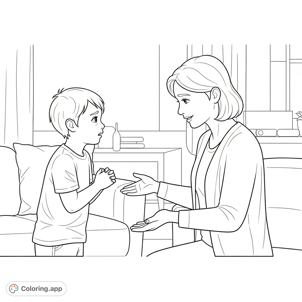 A child finds courage to ask for help from a kind, trusted adult, depicting fear turning to relief in a safe space. A powerful image for child abuse safety awareness.