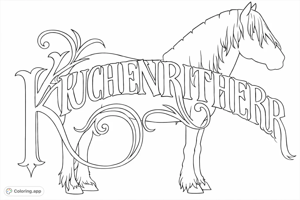 Color this elegant horse featuring bold, decorative script and intricate flourishes. A charming design for animal lovers and those who appreciate ornate typography.