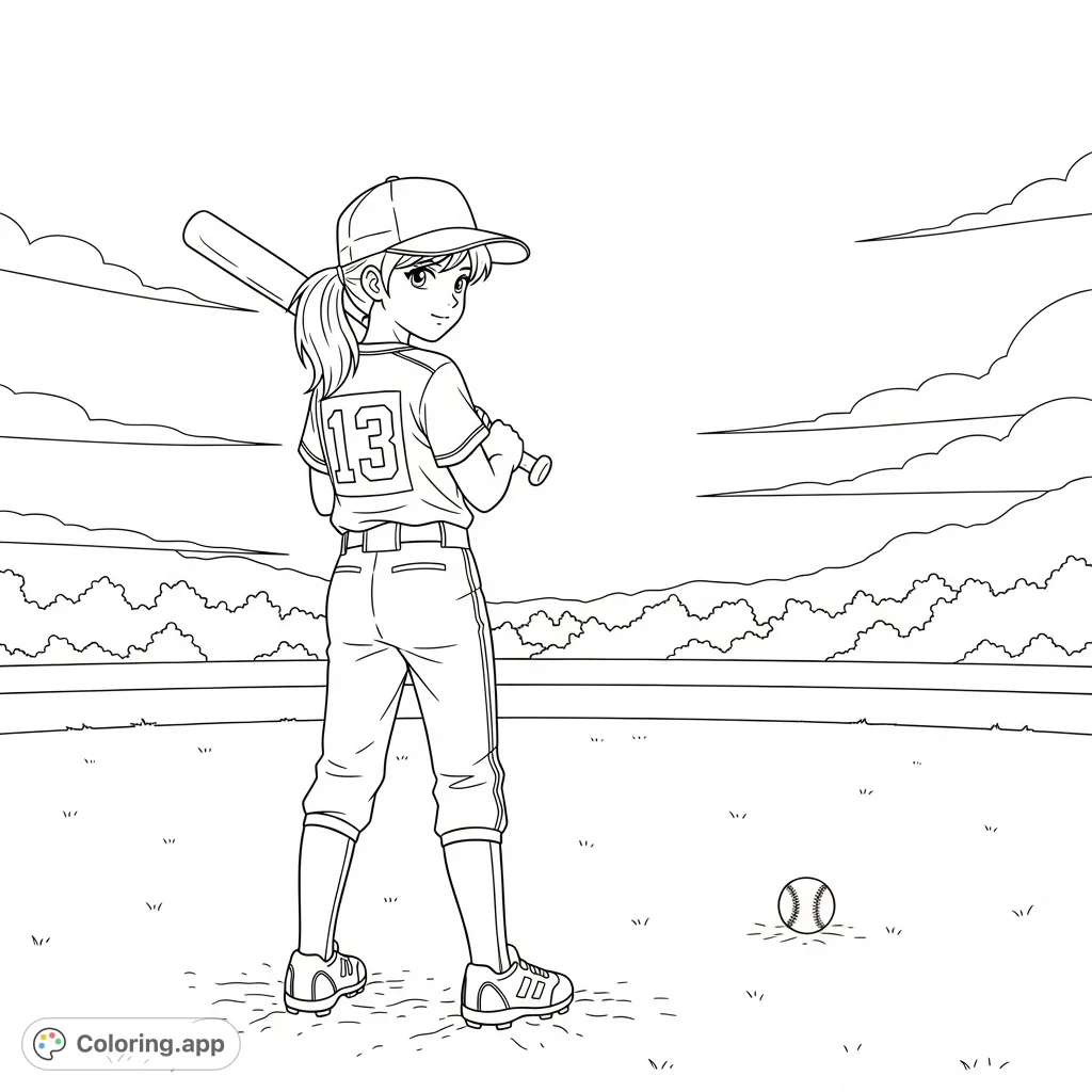 A dynamic softball girl coloring page featuring a player in uniform with number 13, bat, ball, and field scene. Perfect for sports fans!
