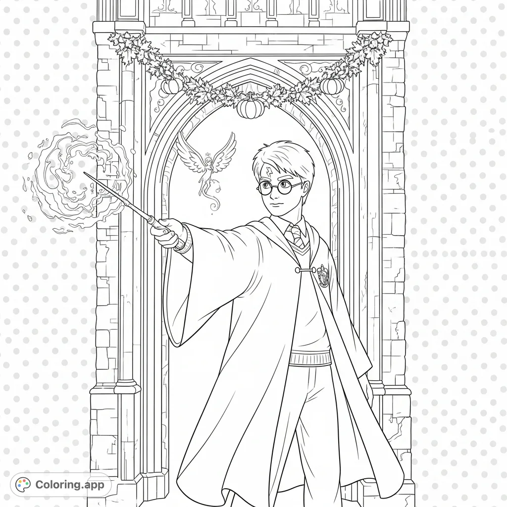 An enchanting Harry Potter coloring page featuring the young wizard casting a spell with his wand, set against a majestic stone archway.