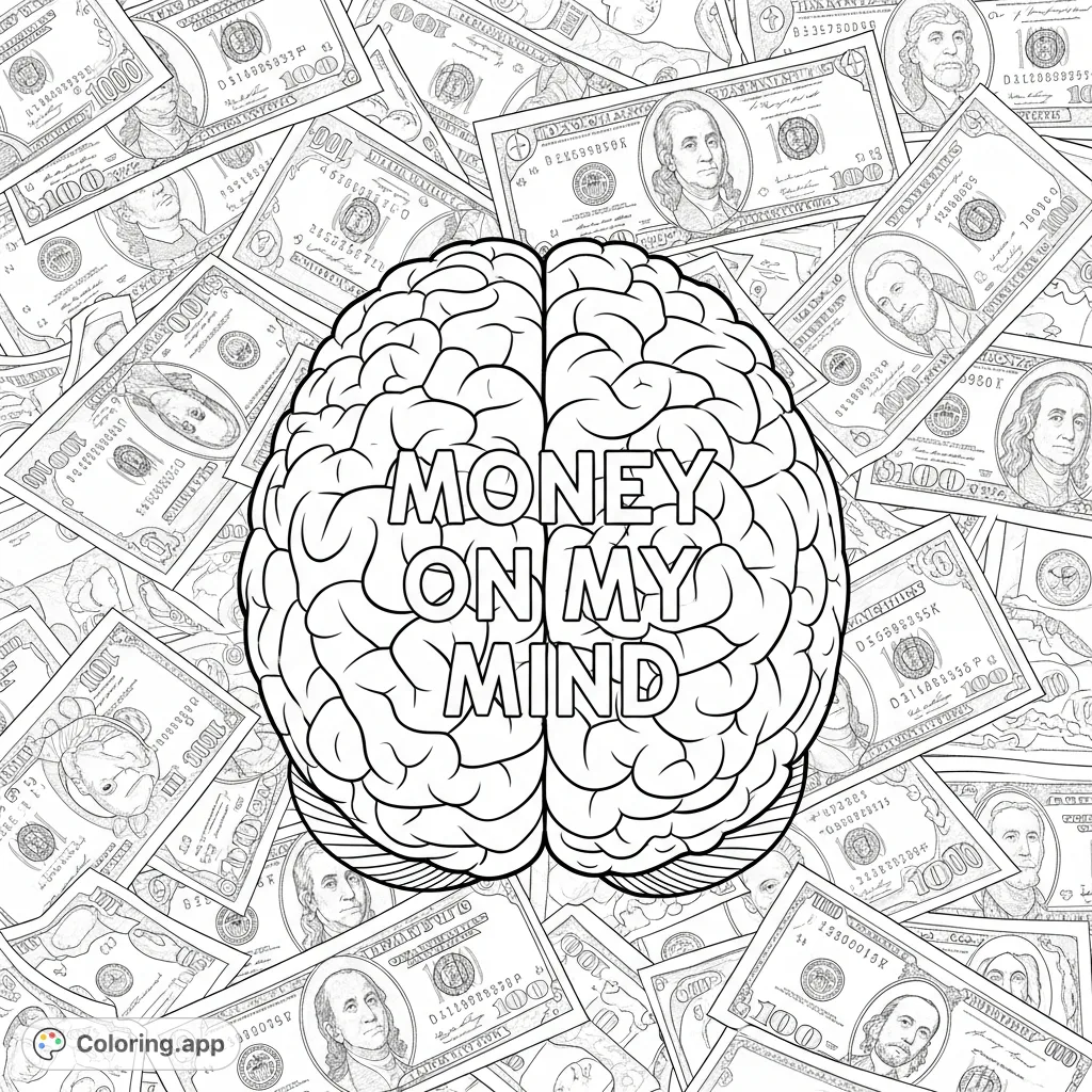 A detailed money theme coloring page featuring a stylized brain with "MONEY ON MY MIND" inscribed, surrounded by intricate currency bills. Perfect for adults.