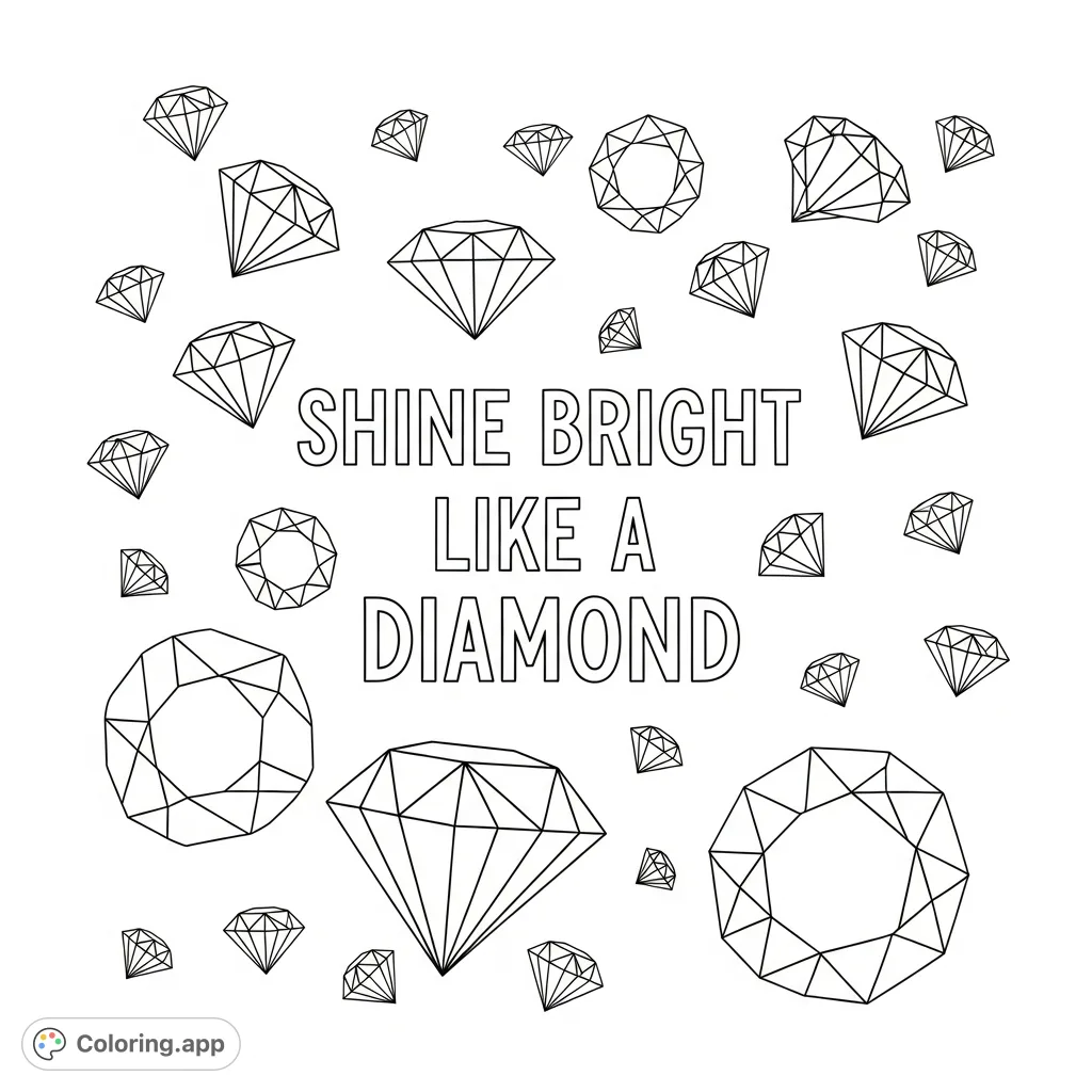 A sparkling diamond coloring page featuring the phrase 'Shine Bright like a Diamond' surrounded by various sized, intricately faceted gemstones.
