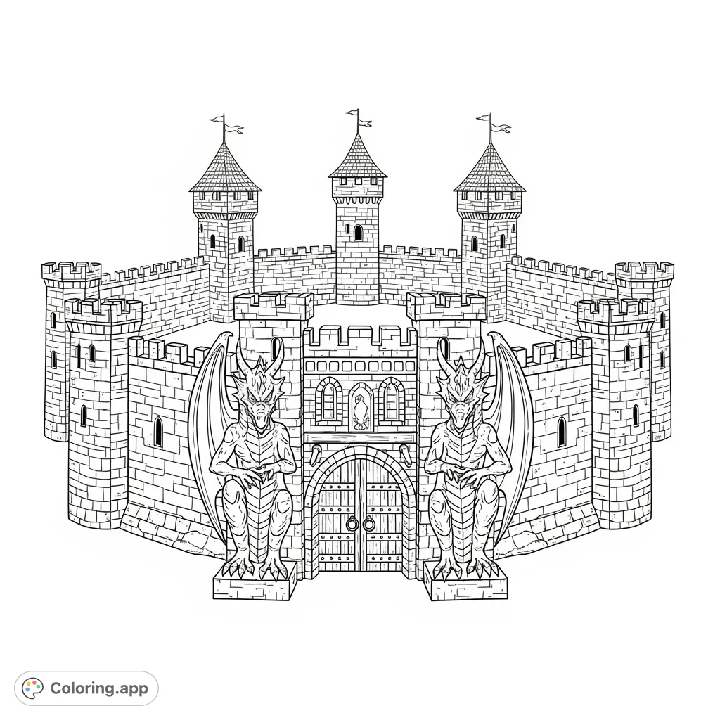 Explore a majestic medieval kingdom coloring page! Features a huge detailed stone wall, three watchtowers, and two grand dragon statues guarding an ornate gate.