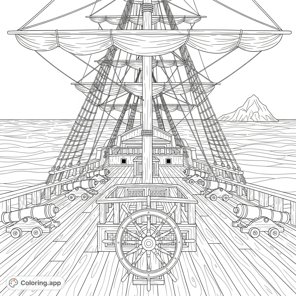 Embark on a grand adventure! This detailed pirate ship deck view coloring page features intricate rigging, cannons, and a vast ocean with an island.