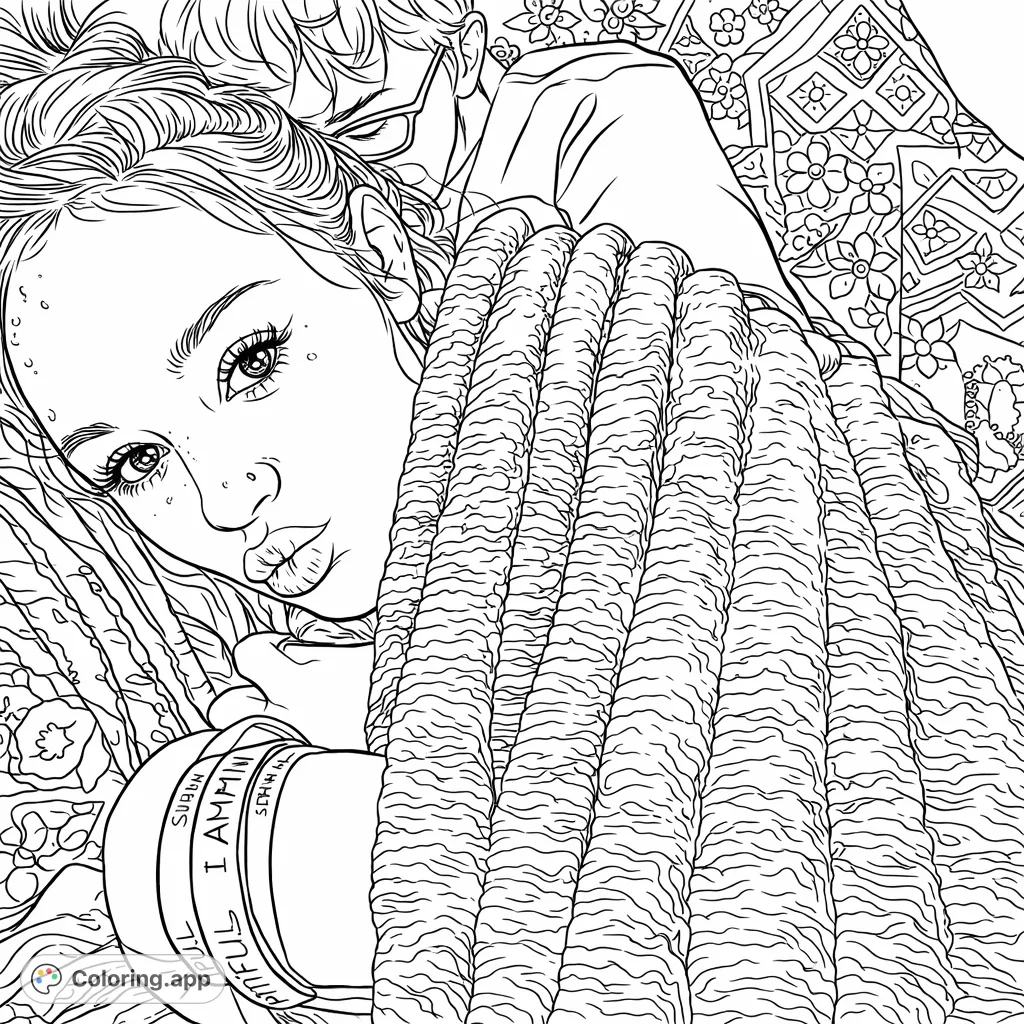 Capture a sweet moment with this playful portrait of a person making a pouty face, cozy in a textured blanket, with detailed wristbands and patterned background.