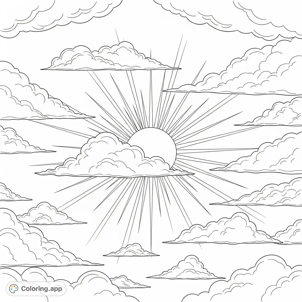 A bright sky scene featuring a radiant sun, soft clouds, and warm sun rays. Perfect for nature lovers, this free printable coloring page offers a serene escape for all ages.