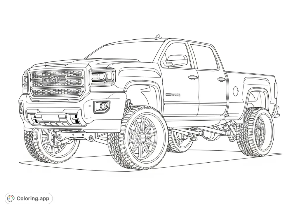 Color a powerful 2018 GMC Duramax truck with a leveled stance and impressive wide deep dish wheels. Explore intricate details on this custom vehicle!