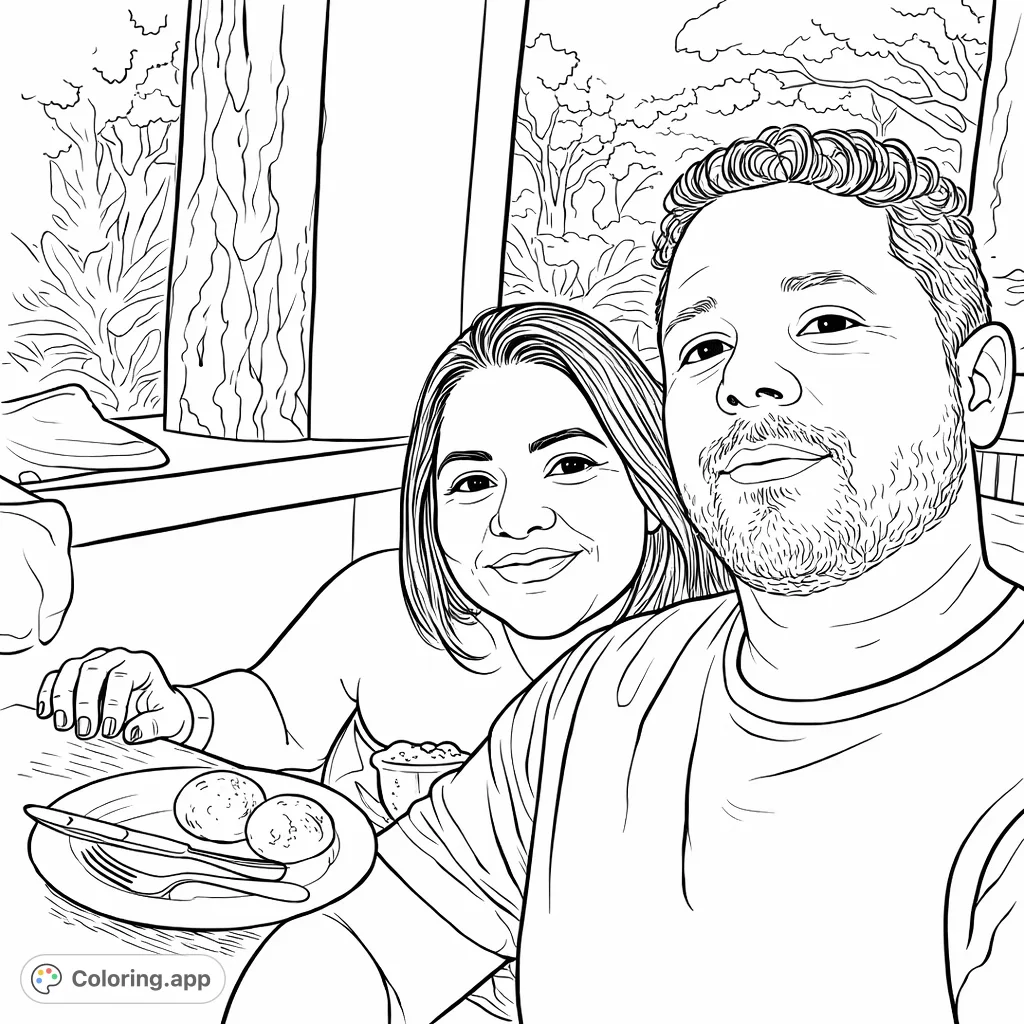 A couple enjoys a casual meal with a lush natural background. Features detailed faces, table setting, and outdoor scenery, perfect for personalizing.