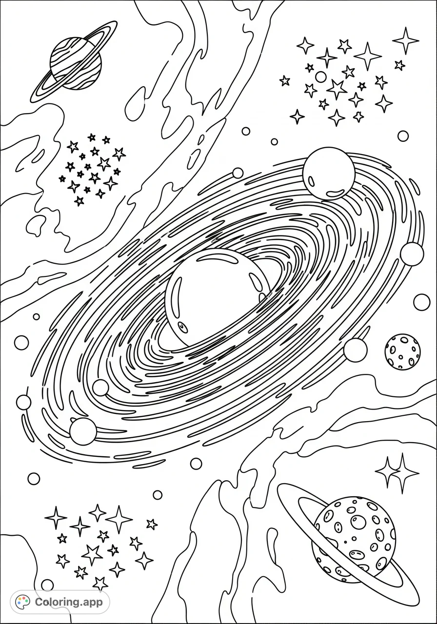 Explore the wonders of the cosmos with this black hole coloring page featuring a swirling accretion disk, stars, and planets, perfect for space enthusiasts.