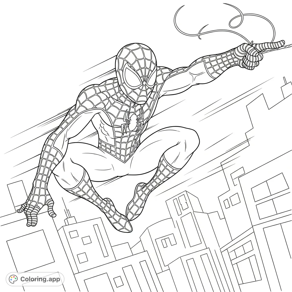 A thrilling spider-themed superhero swings through a city landscape in an action-packed pose. Perfect free printable coloring page for kids and superhero fans!