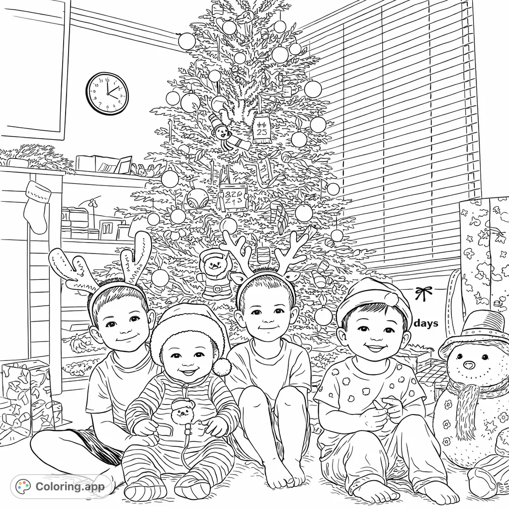 A heartwarming holiday scene featuring four children, a decorated Christmas tree, and festive gifts, ready for your creative touch.