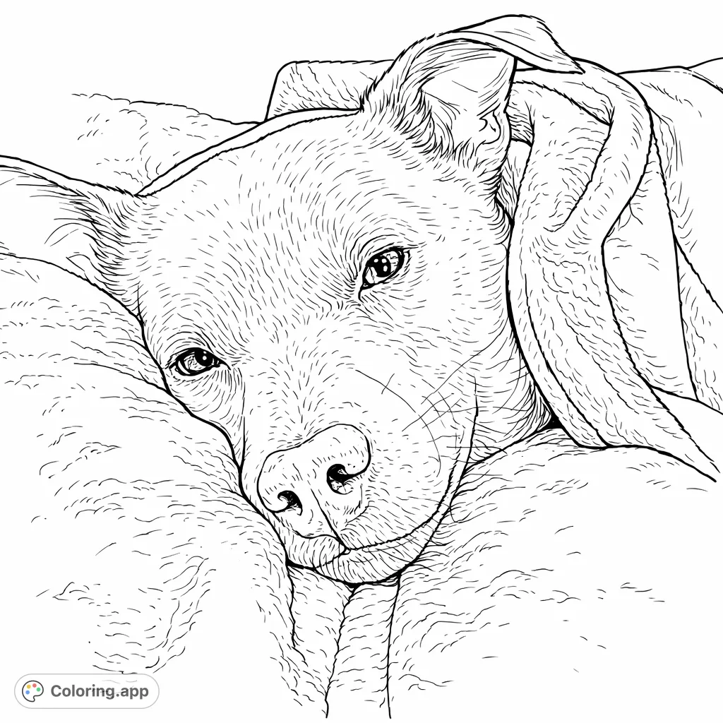 Snuggle up with this adorable dog coloring page, featuring a sweet canine friend nestled in soft blankets, ready for your creative touch.