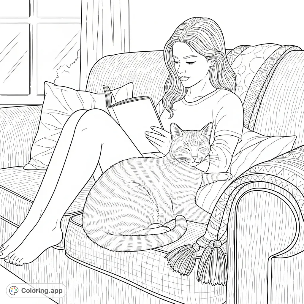 A heartwarming coloring page featuring a girl engrossed in reading on a cozy couch, with her faithful feline companion snuggled close, radiating peace and comfort.