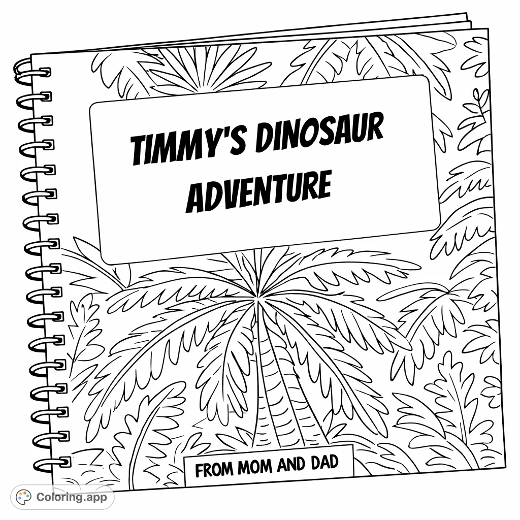 Color your own personalized adventure! A storybook cover featuring bold leaf patterns, a customizable title area for 'Timmy's Dinosaur Adventure,' and a special dedication.