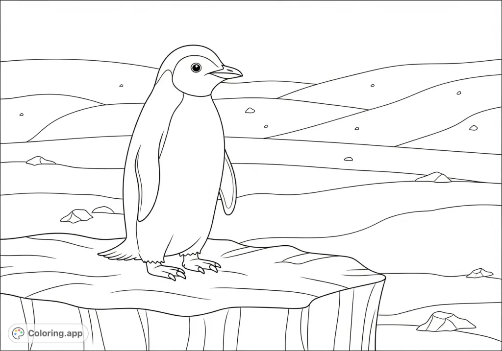 A charming penguin stands proudly on an icy floe amidst a snowy landscape. This free printable penguin coloring page offers a delightful scene for creative expression for all ages.