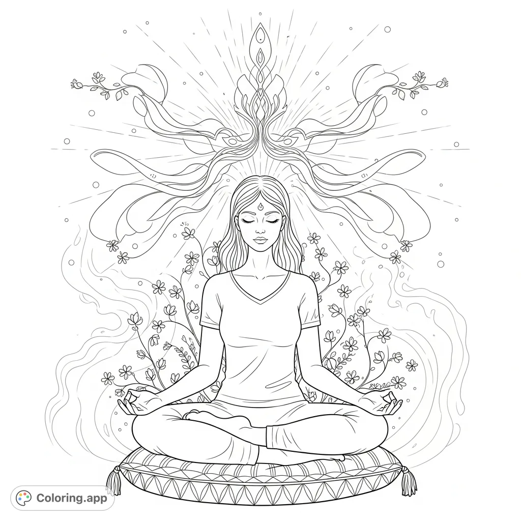 Discover tranquility with this spiritual awareness coloring page. A girl meditates, surrounded by radiant energy and delicate patterns. Free printable for calm.