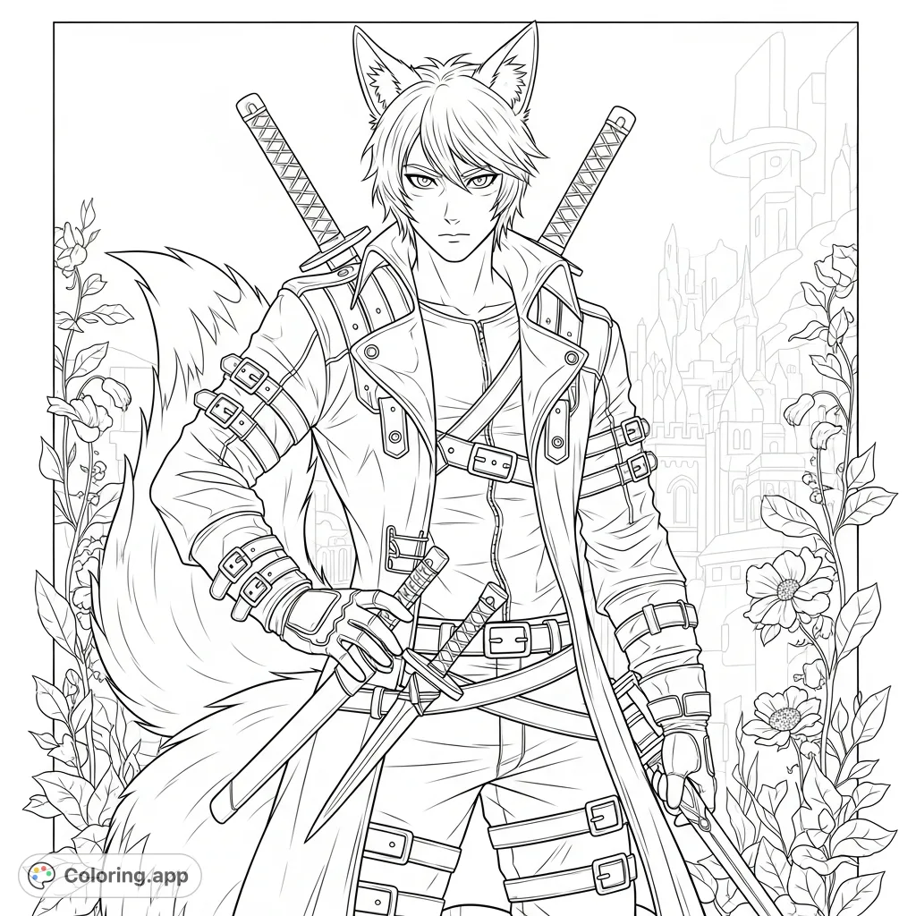 A handsome male kitsune rogue in a confident, stealthy pose, adorned with a detailed leather jacket and multiple weapons. Perfect for fantasy enthusiasts.