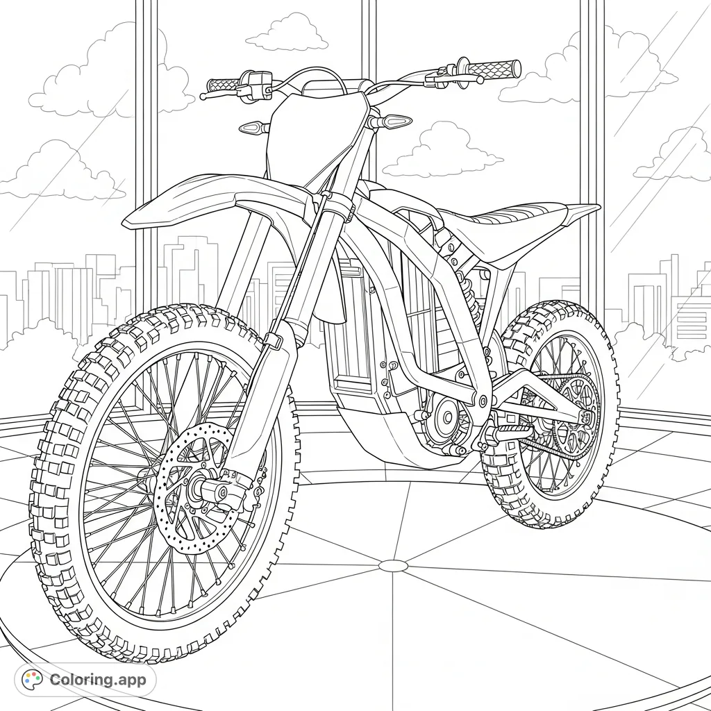 Color a detailed electric dirt bike in a sleek showroom, featuring intricate mechanical parts and a modern city skyline. Perfect for vehicle enthusiasts!