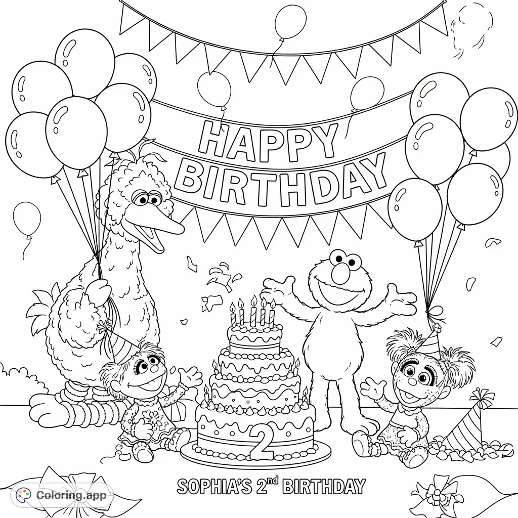 A delightful Sesame Street birthday scene with Elmo, Big Bird, Abby, and Zoe celebrating a special day with cake and balloons.