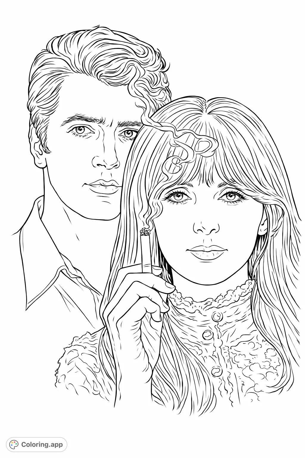 Capture the classic allure of a retro couple with a shared cigarette. Intricate smoke swirls and vintage fashion create a unique adult coloring experience.