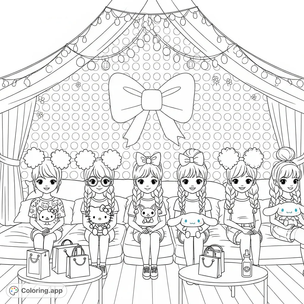 A fun gathering of girls with braids and plush toys like Hello Kitty and Cinnamoroll, seated on air mattresses within a decorated tent, all smiling.