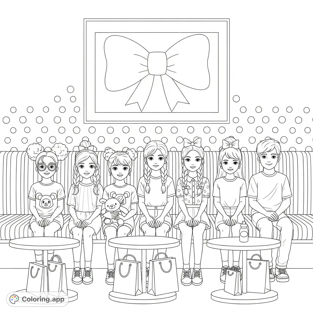 A heartwarming group of friends with unique hairstyles gathers on a ribbed bench, surrounded by playful decor and personal items. A fun, detailed coloring page.