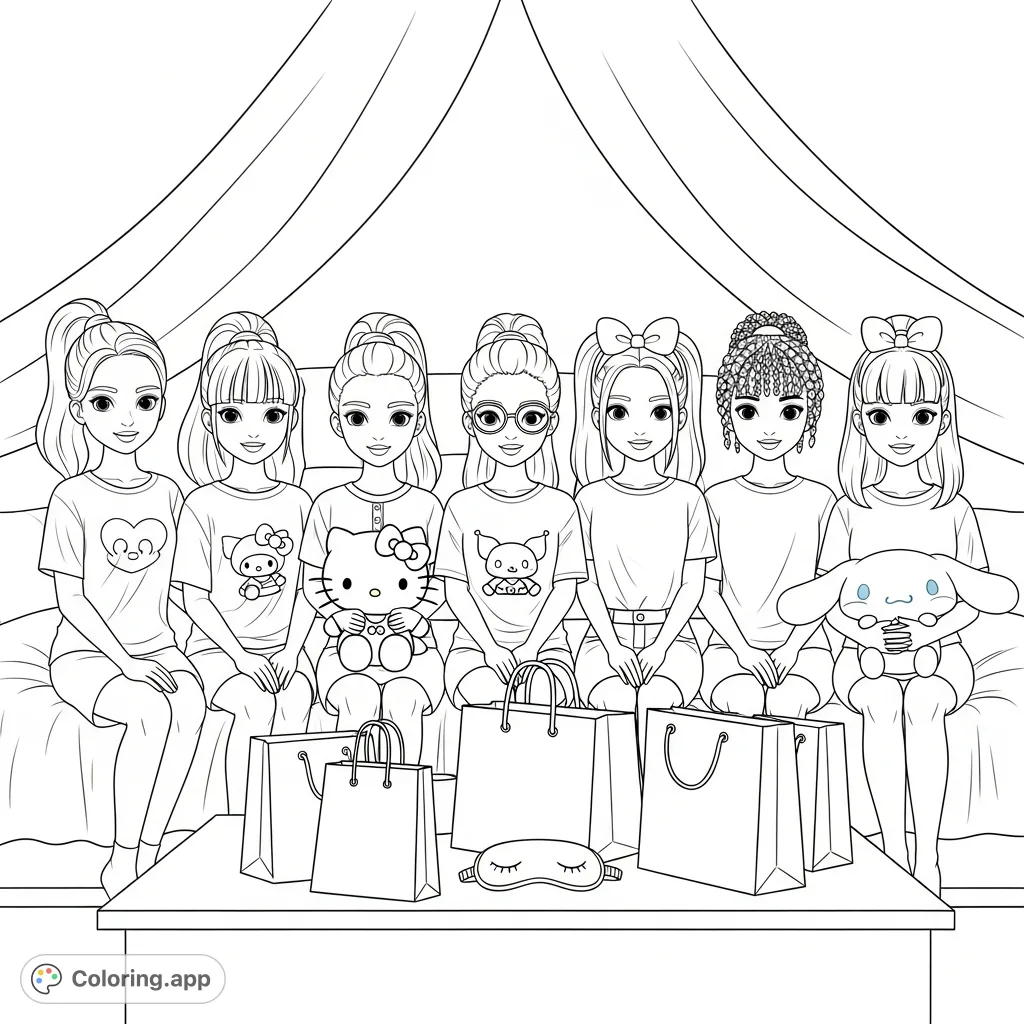Six smiling girls with diverse hairstyles and favorite plush toys gathered for a sleepover, surrounded by fun accessories in a cozy tent setting.