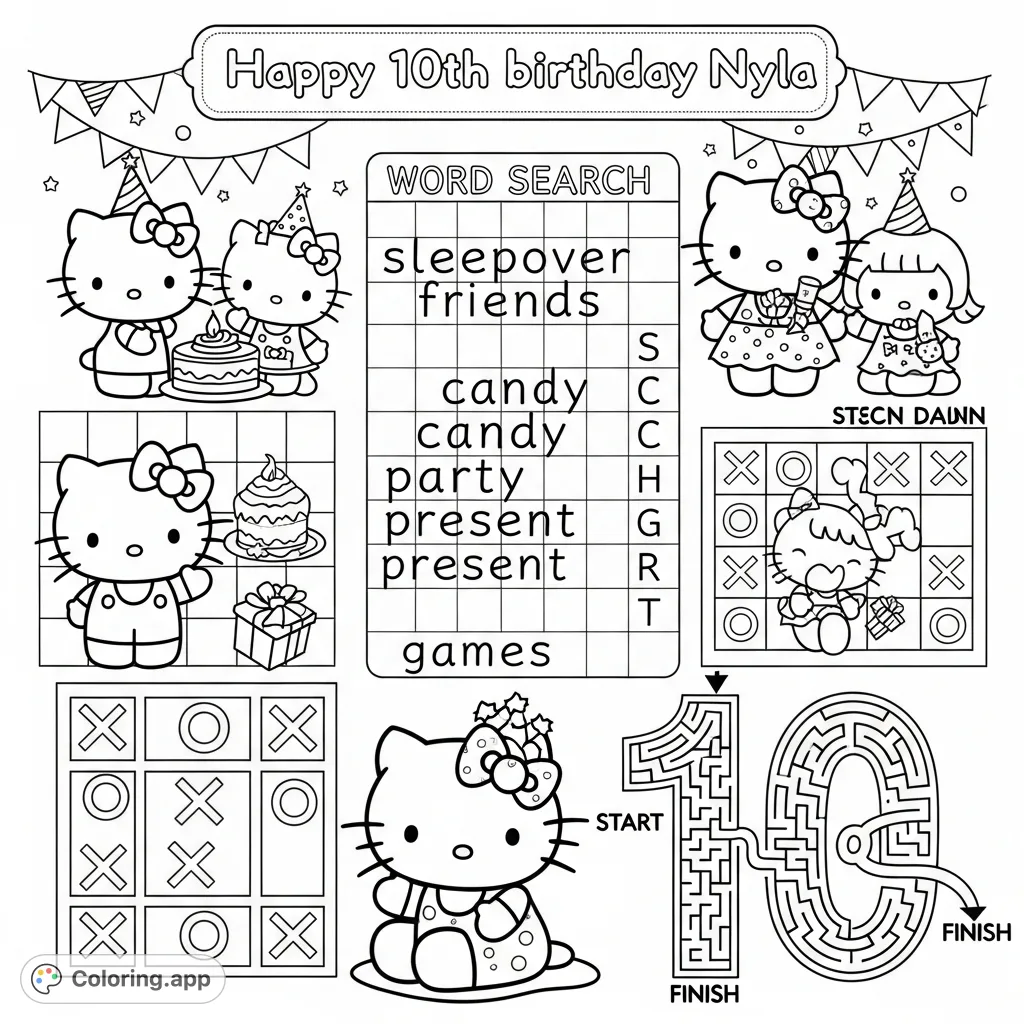 Celebrate with Hello Kitty and Friends on this personalized activity sheet featuring a word search, tic-tac-toe games, and a fun maze. Perfect for Nyla's 10th birthday!