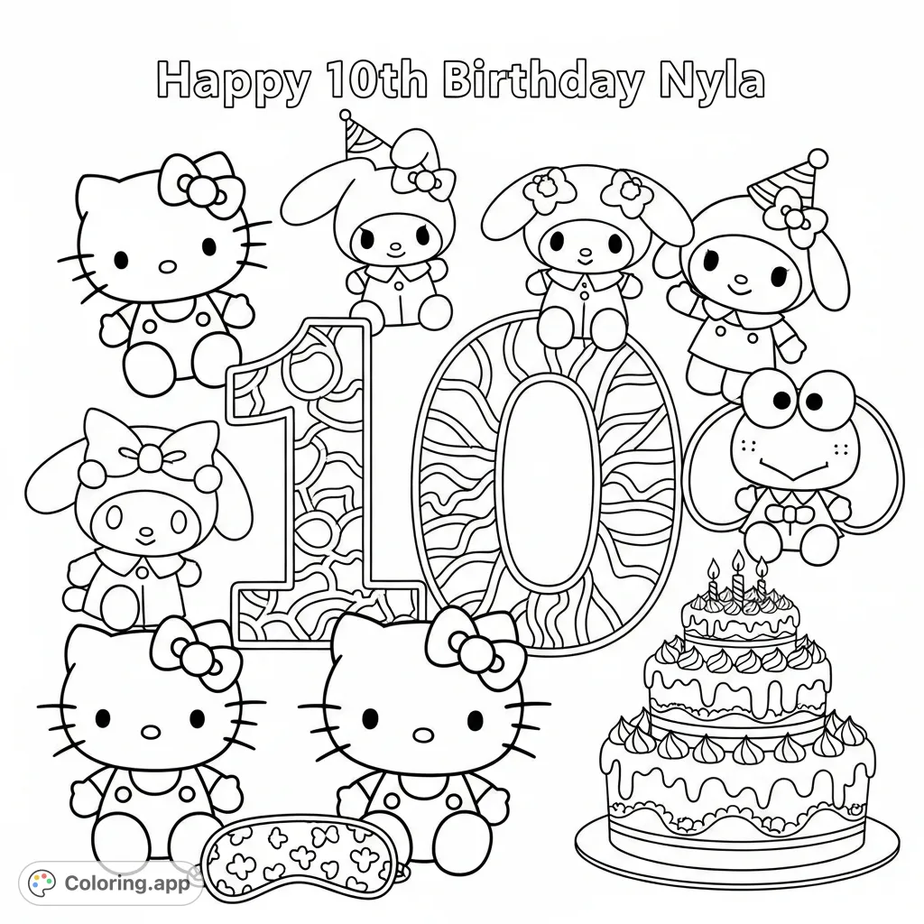 Celebrate Nyla's 10th birthday with a charming Hello Kitty and friends coloring page! Features a festive cake, number 10, and adorable plushies for endless fun.