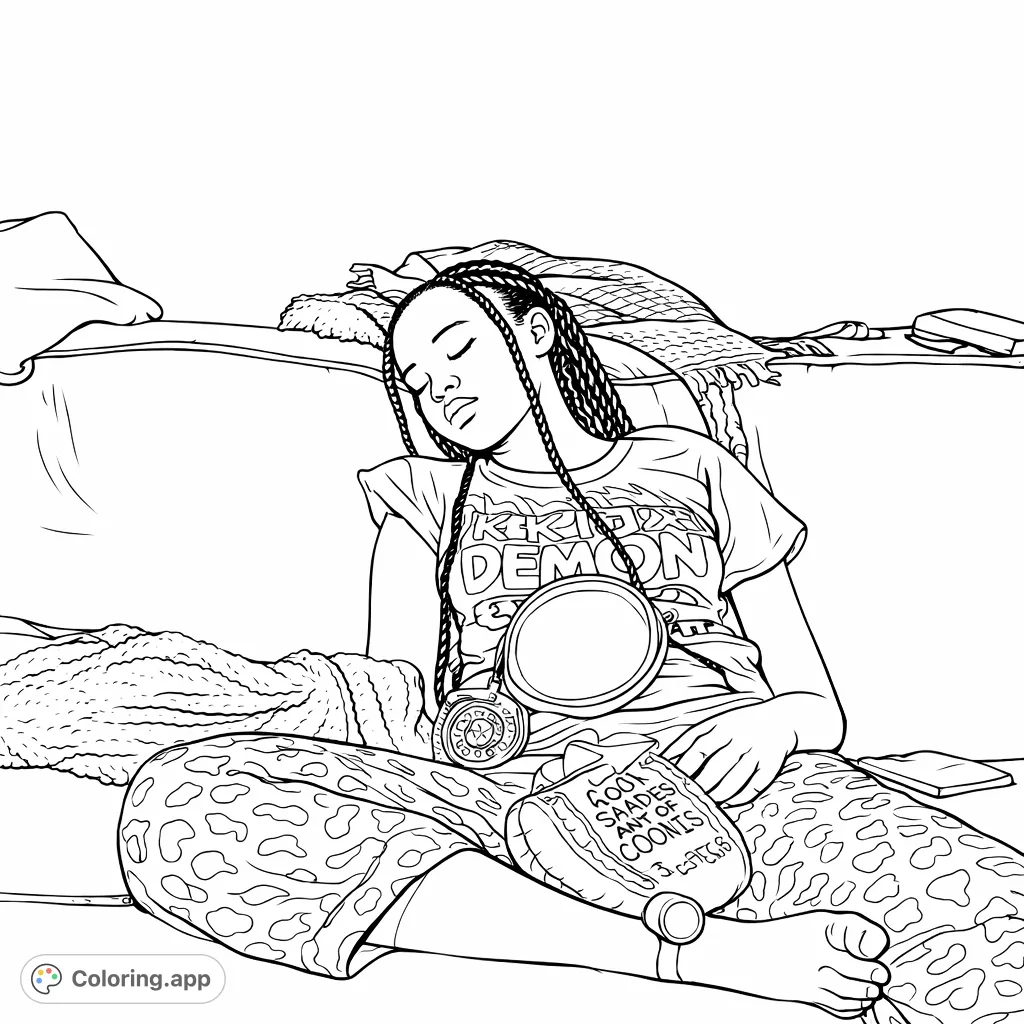 A cozy individual peacefully resting on a couch, surrounded by blankets and personal items. Features braided hair, patterned pajamas, and a comforting hot water bottle.