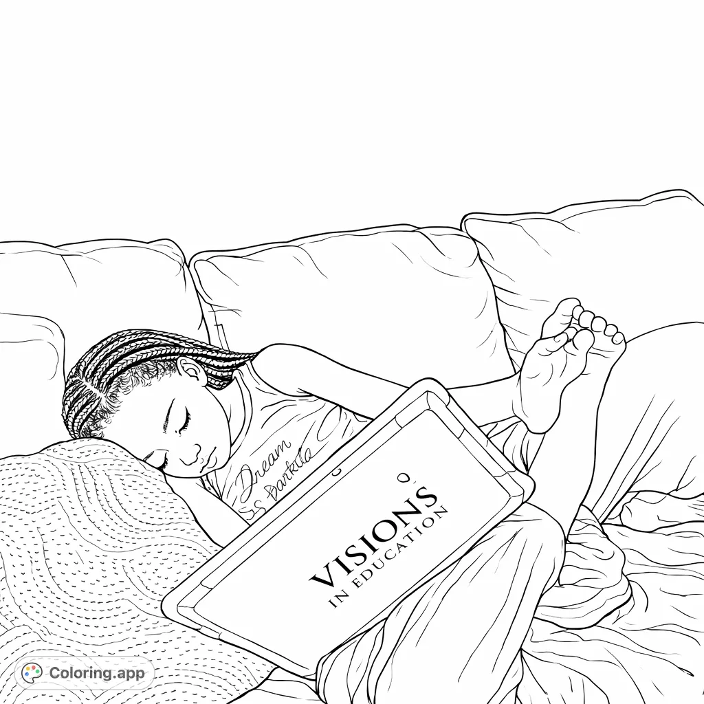 Capture a moment of quiet repose with this sleeping child on a sofa, surrounded by cozy textures, perfect for a relaxing coloring experience.