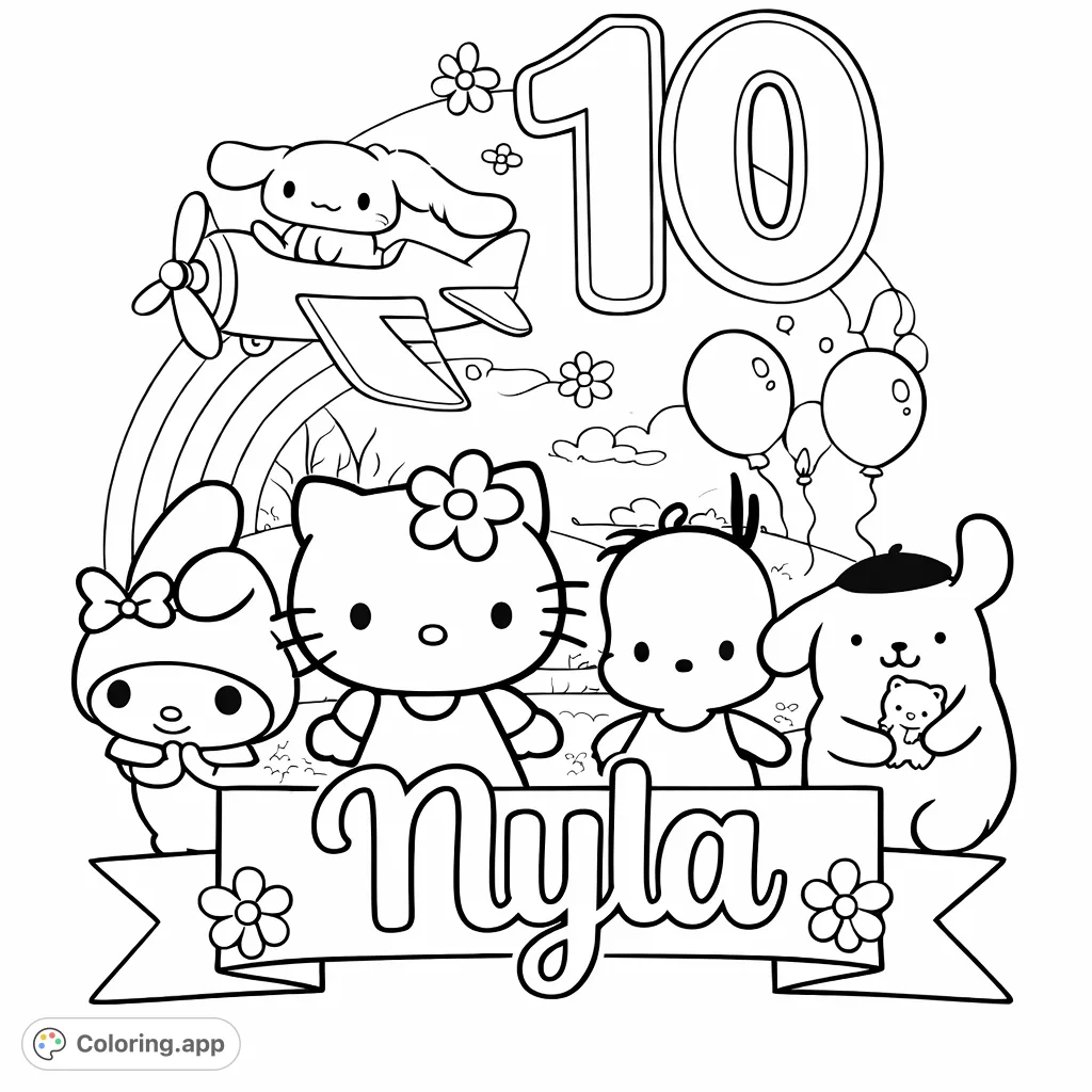 Join Hello Kitty, My Melody, Cinnamoroll, and friends for a special birthday celebration scene featuring a large number '10' and a personalized 'Nyla' banner.