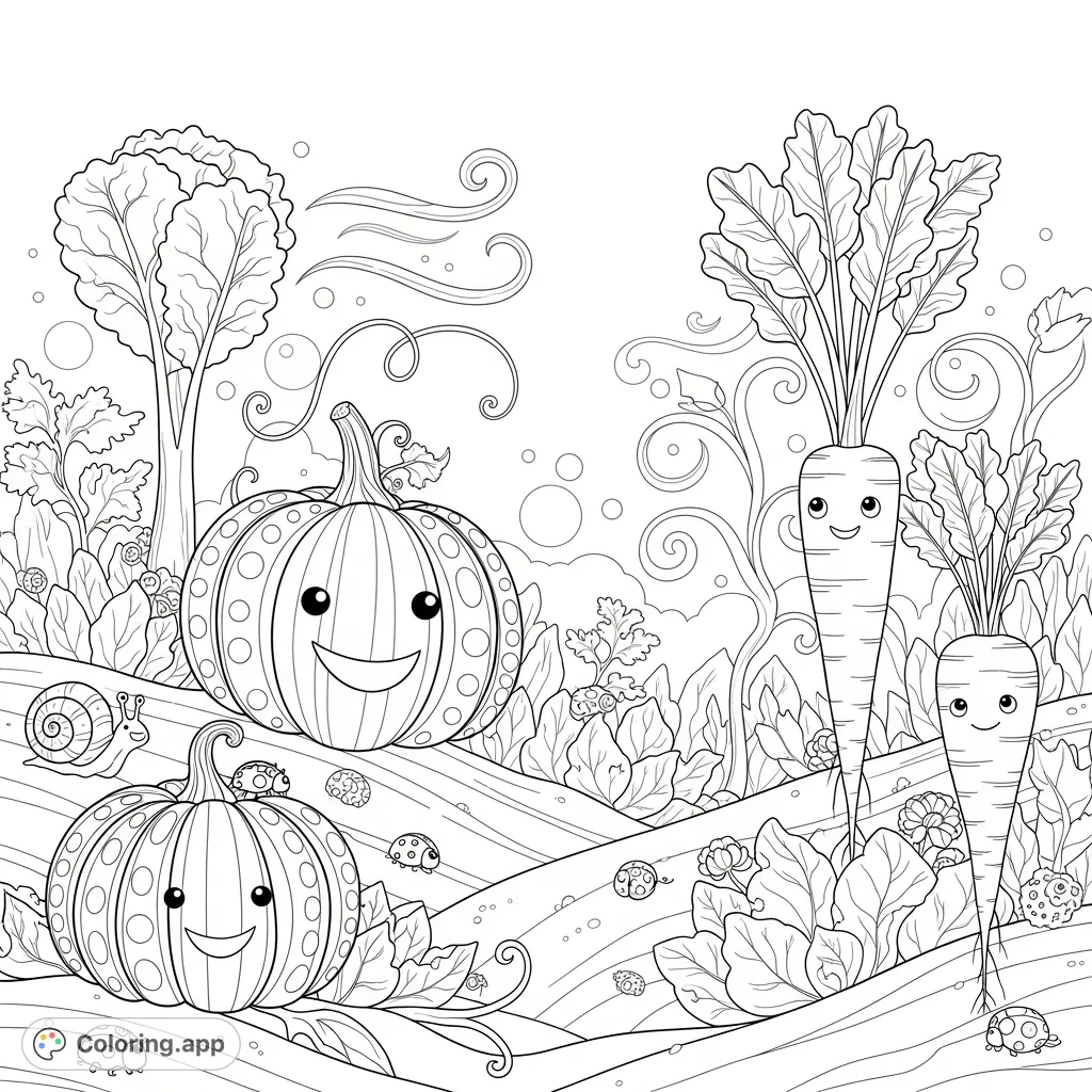 Enter a whimsical world where smiling vegetables and tiny creatures inhabit a magical garden, filled with intricate patterns and floating elements. A delightful escape!