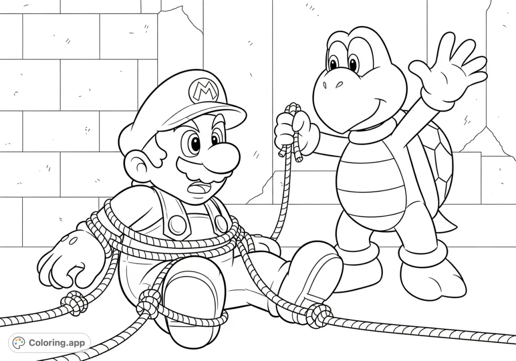 An exciting Super Mario coloring page featuring Mario tied up by a triumphant Koopa Troopa. Bring this classic video game scene to life with your colors!