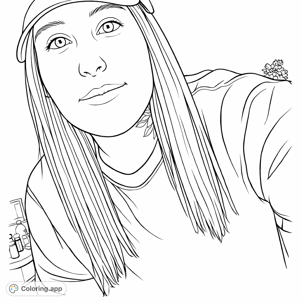 Capture a captivating close-up portrait of a person wearing a cap, with long flowing hair and intricate facial features. Perfect for creative expression.