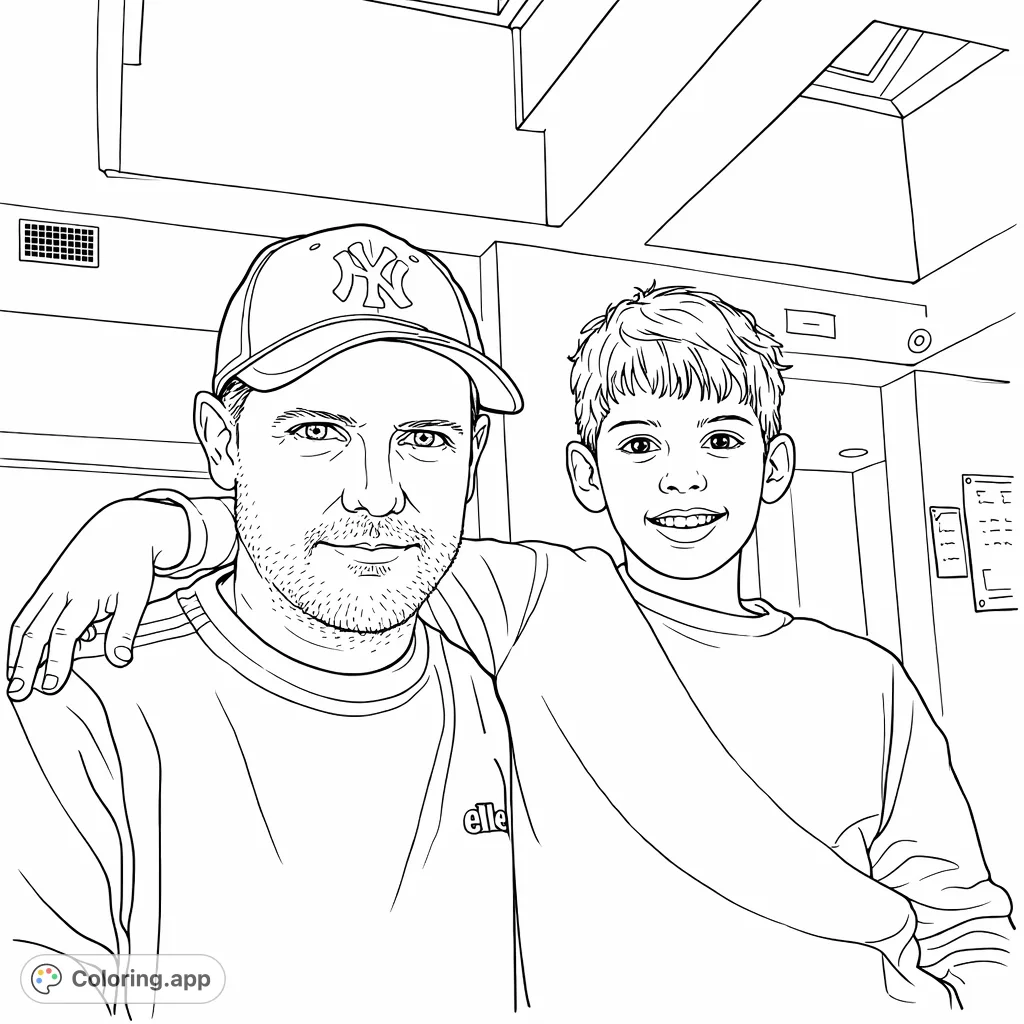 A heartwarming coloring page featuring an adult male and a young boy smiling together. Capture their bond and the details of their clothing and surroundings.