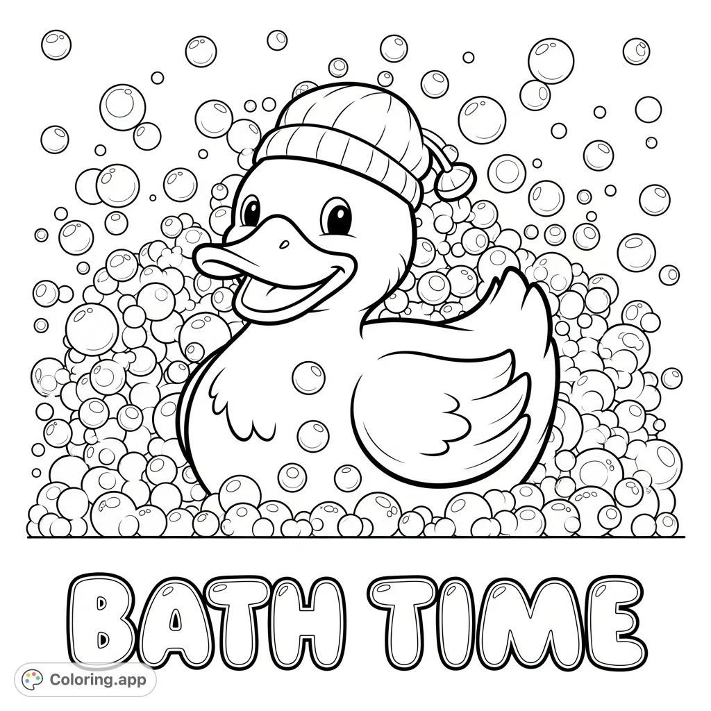 A delightful rubber duck in a shower cap splashes in a tub filled with bubbles, accompanied by "Bath Time" text. A fun, free printable coloring page!