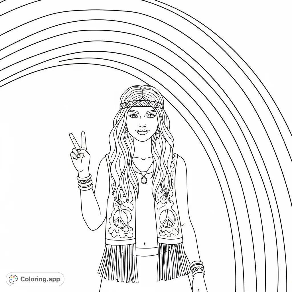 A groovy hippie girl with long flowing hair, a fringed vest, and peace sign, set against a vibrant rainbow backdrop, perfect for creative coloring.