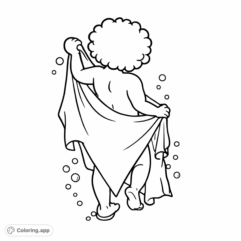 A heartwarming cartoony image of a little child after a bath, wrapped in a towel with bubbles floating around. Perfect for playful coloring fun!