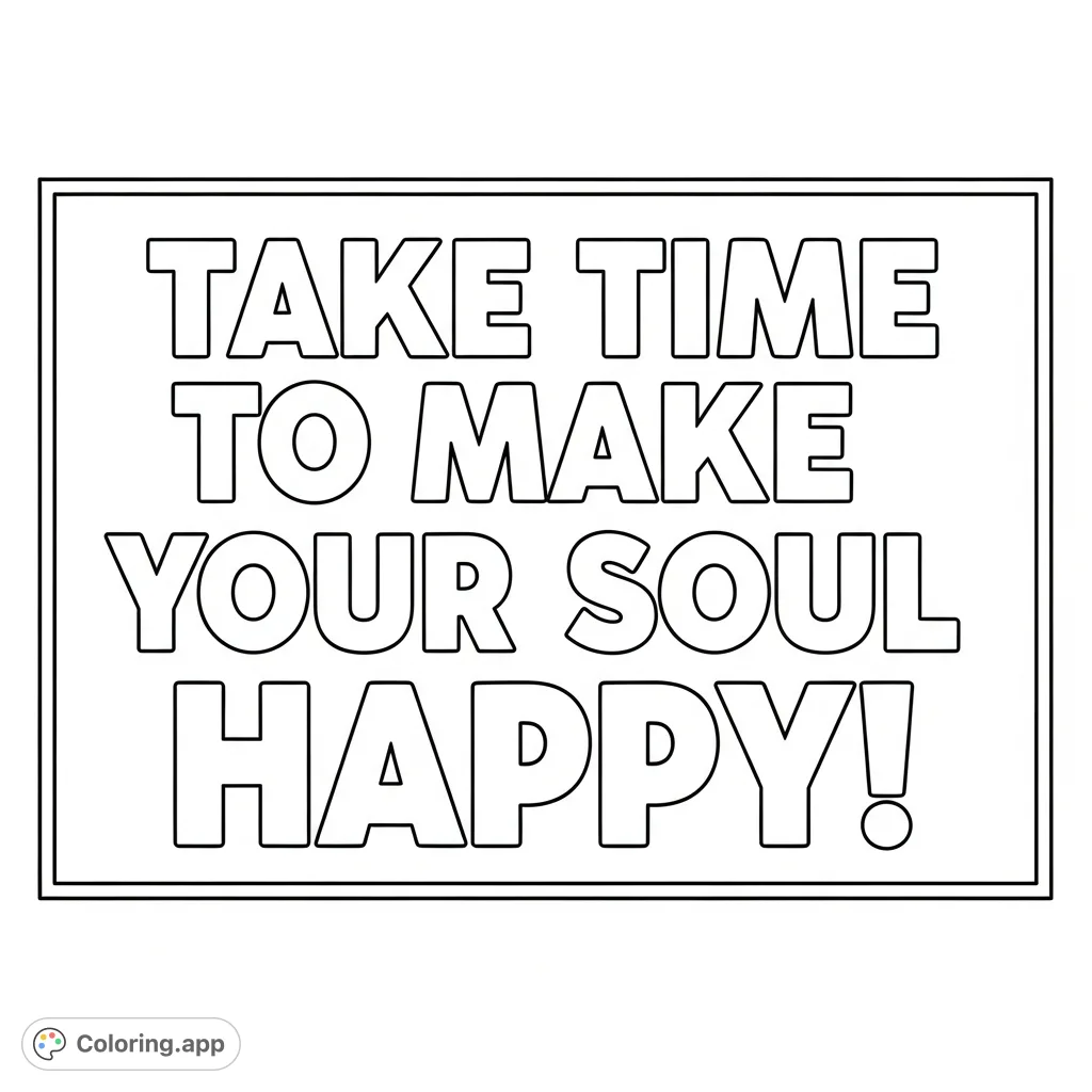 A positive affirmation: 'Take time to make your soul Happy!' presented in bold, large letters, perfect for meditative coloring and self-care.