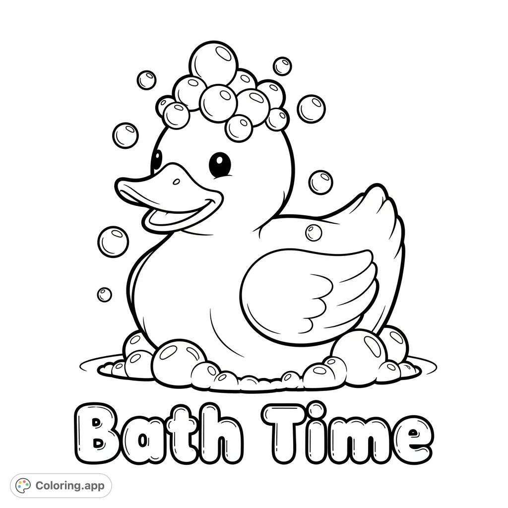 Dive into a delightful Bath Time coloring page featuring a plump, smiling rubber duck surrounded by playful bubbles and "Bath Time" text. Perfect for cheerful creativity!