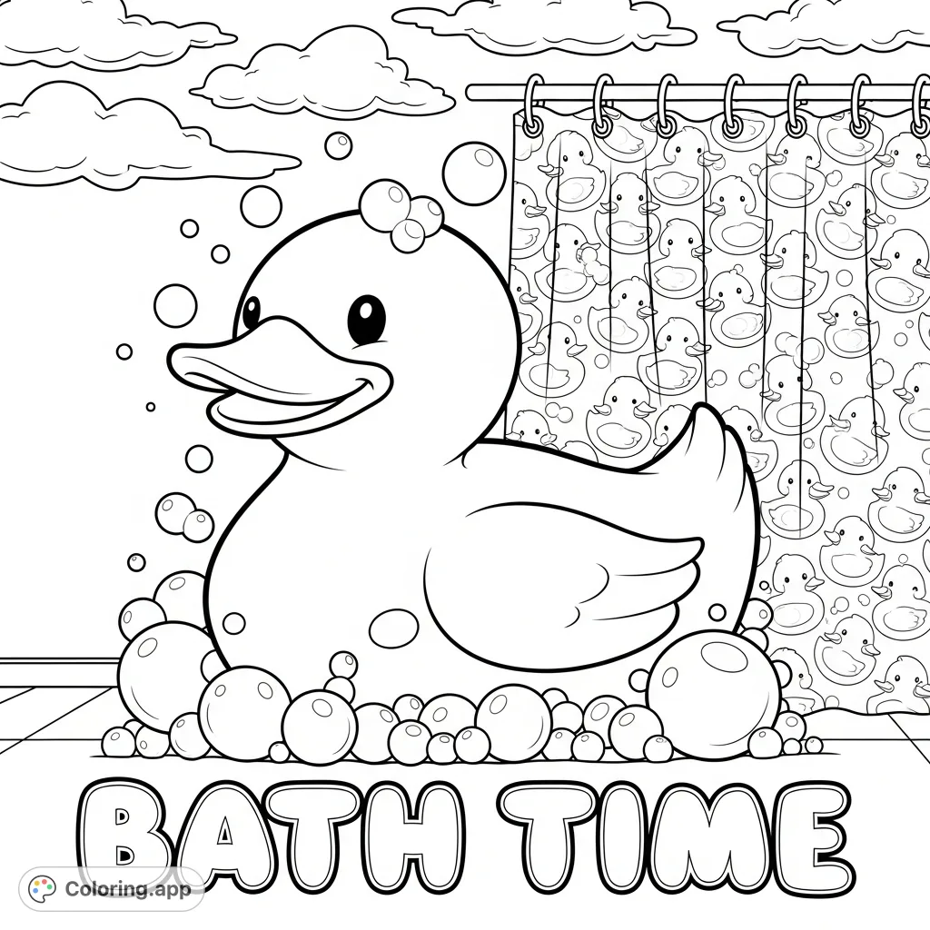 A cheerful rubber duck floats in a bubbly tub with "Bath Time" text. Features a patterned shower curtain and whimsical clouds.