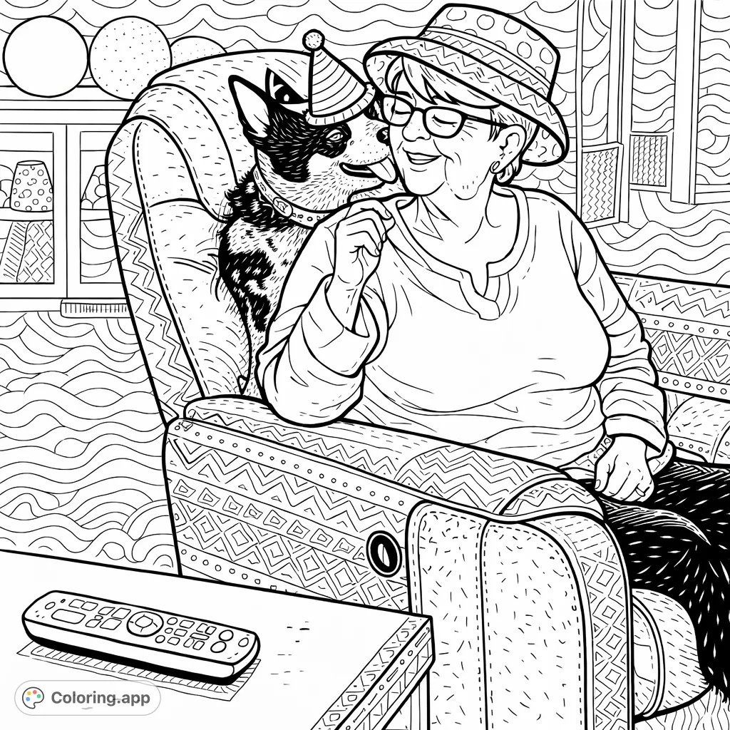 A heartwarming and playful coloring page featuring a whimsical woman and her loyal dog sharing a cozy moment. Add your unique colors to this charming scene.