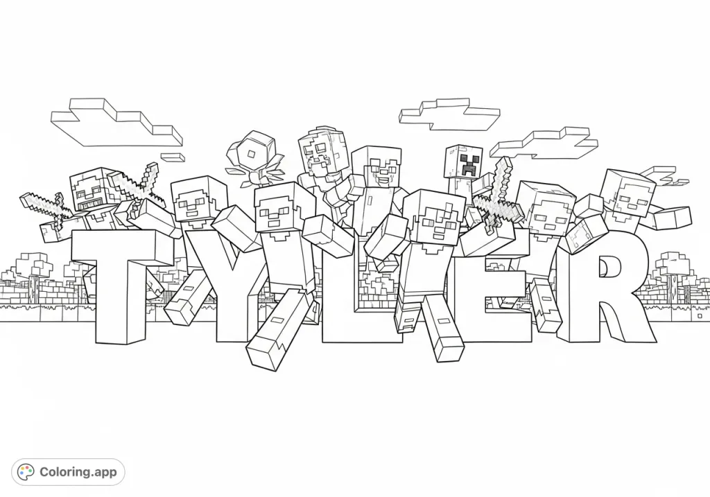 Minecraft characters Steve, Alex, Creeper, and Zombie sprint from behind blocky 'TYLER' letters in a dynamic, pixelated landscape scene. Perfect for fans!