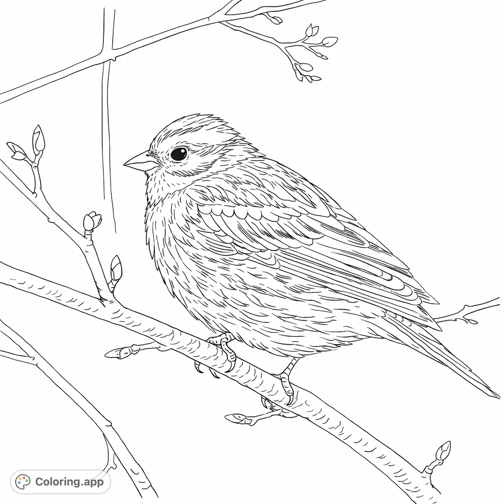 Color a charming songbird perched on a delicate branch with intricate feather details and tiny buds. A relaxing nature scene.