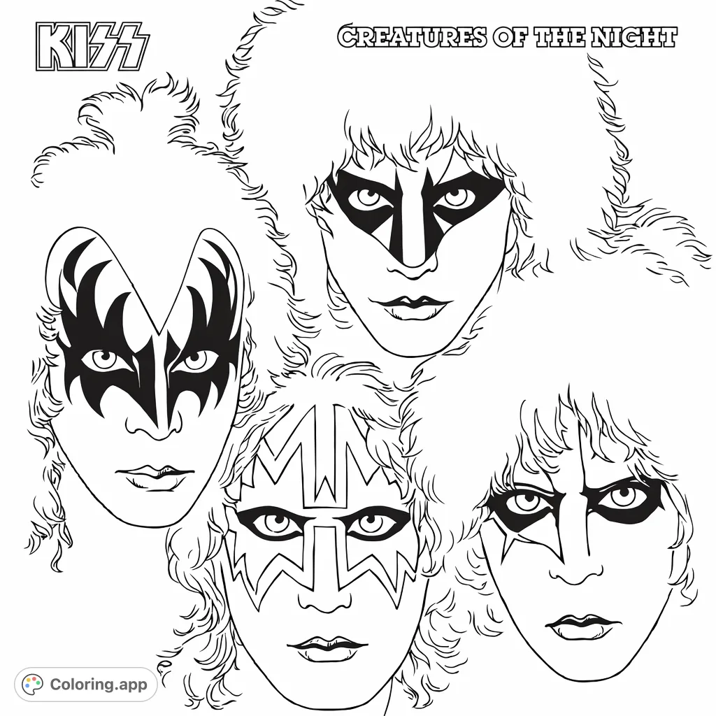 Color four iconic rock band members with unique stage makeup and textured hairstyles. A challenging and rewarding coloring experience!
