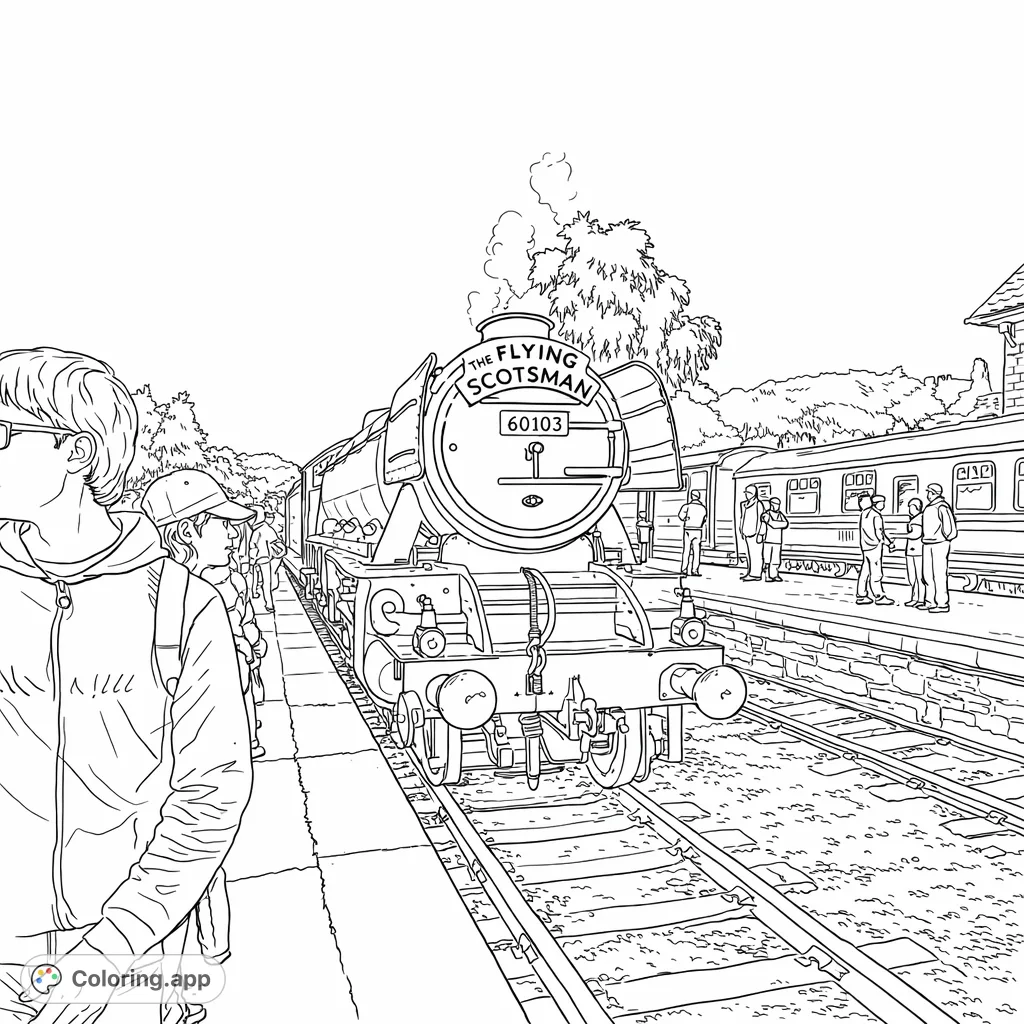 Color this iconic steam locomotive, The Flying Scotsman, as it rests at a bustling station platform, surrounded by onlookers. A detailed train adventure.